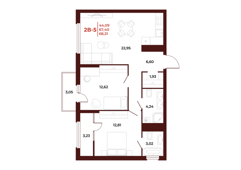 68,3 м², 2-комнатная квартира 7 240 860 ₽ - изображение 1