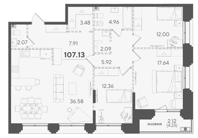 Квартира 107,1 м², 3-комнатная - изображение 1