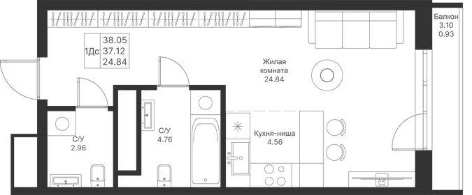 Квартира 38,1 м², студия - изображение 1