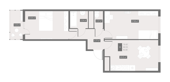 Квартира 61,8 м², 2-комнатная - изображение 1