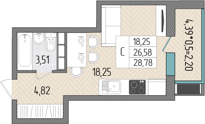 28,8 м², квартира-студия 3 770 180 ₽ - изображение 1