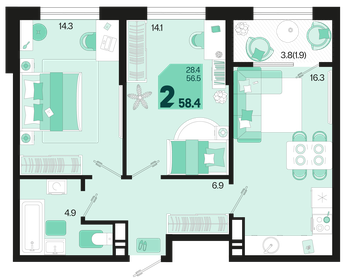 58,4 м², 2-комнатная квартира 6 867 840 ₽ - изображение 8