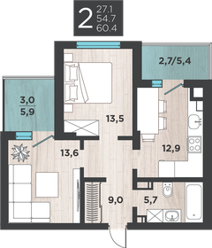 Квартира 60,4 м², 2-комнатная - изображение 1