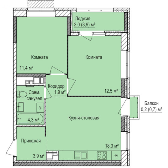 54,5 м², 2-комнатная квартира 5 099 000 ₽ - изображение 1