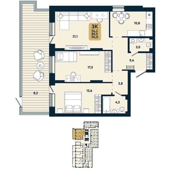 94 м², 3-комнатная квартира 11 731 200 ₽ - изображение 1