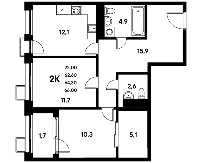 61,8 м², 2-комнатная квартира 9 742 380 ₽ - изображение 1