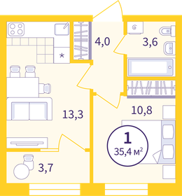 Квартира 33,5 м², 1-комнатная - изображение 1