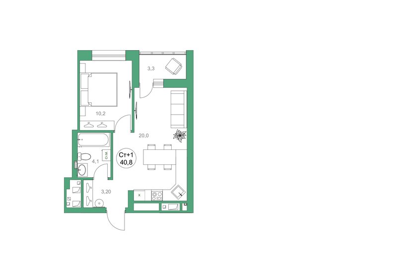 40,8 м², 1-комнатная квартира 7 390 000 ₽ - изображение 1