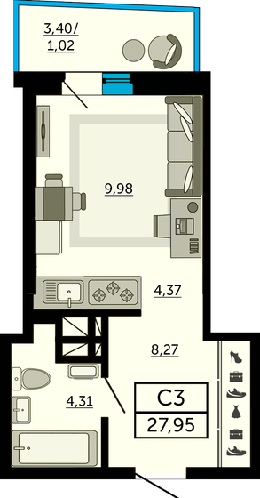 24,4 м², квартира-студия 3 702 720 ₽ - изображение 12