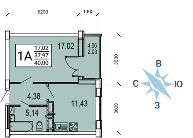 Квартира 40 м², 1-комнатная - изображение 1