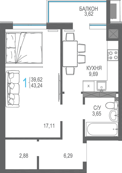 43,2 м², 1-комнатная квартира 4 972 600 ₽ - изображение 1