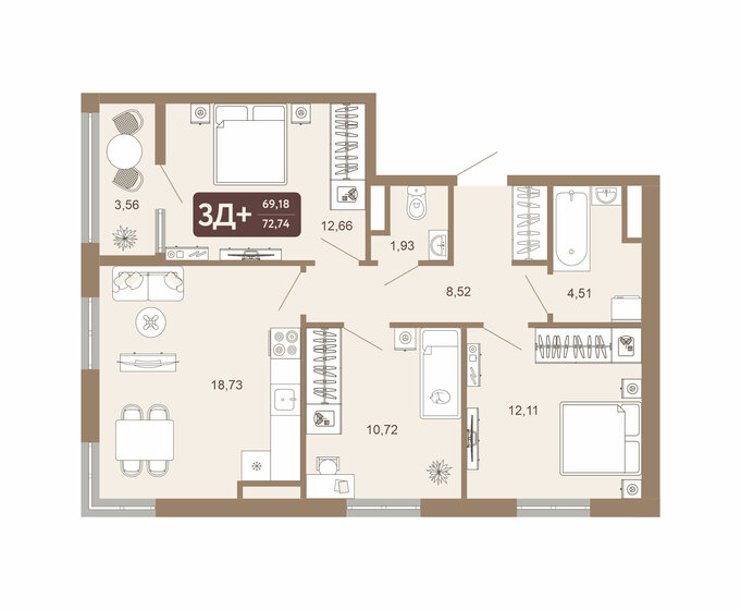 72,7 м², 3-комнатная квартира 7 151 000 ₽ - изображение 1