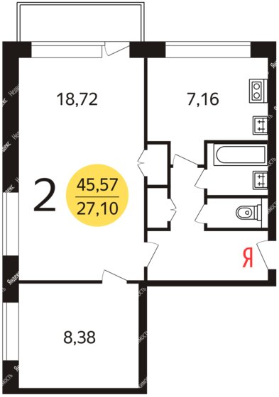 45 м², 2-комнатная квартира 9 300 000 ₽ - изображение 1