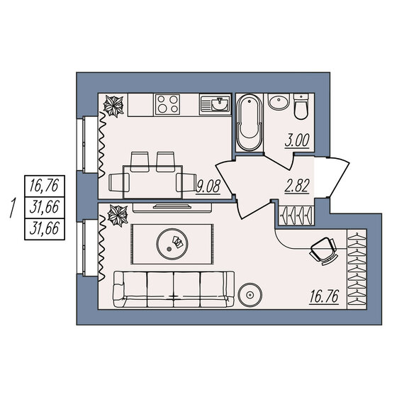 31,7 м², 1-комнатная квартира 3 007 700 ₽ - изображение 19