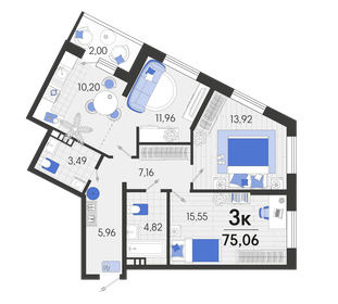 75,1 м², 3-комнатная квартира 9 007 200 ₽ - изображение 1