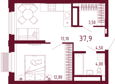 Квартира 37,9 м², 1-комнатная - изображение 1