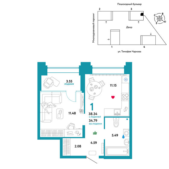 38,3 м², 1-комнатная квартира 6 600 000 ₽ - изображение 1