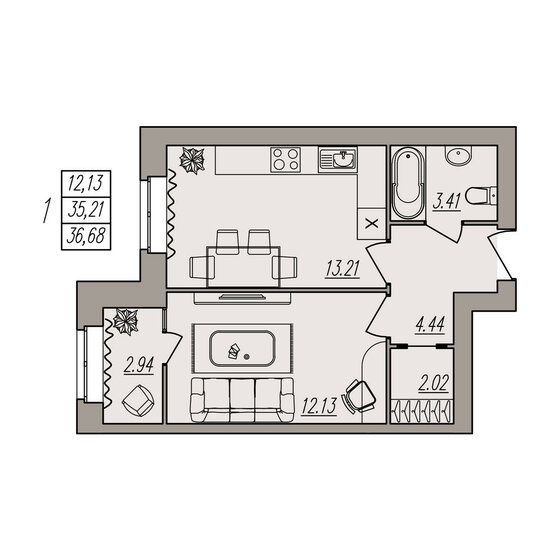 36,7 м², 1-комнатная квартира 4 585 000 ₽ - изображение 1