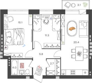 Квартира 60,2 м², 2-комнатная - изображение 1