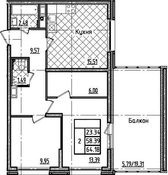 64,2 м², 2-комнатная квартира 18 610 000 ₽ - изображение 1