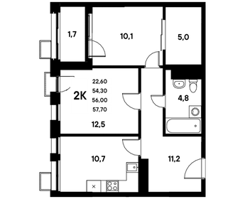 Квартира 56,4 м², 2-комнатная - изображение 1