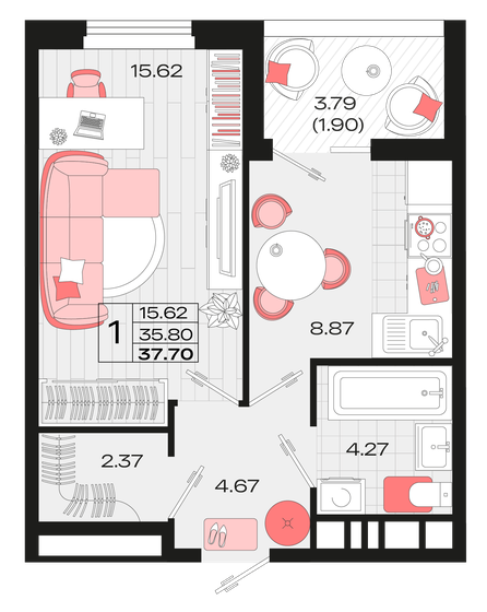 37,7 м², 1-комнатная квартира 5 351 515 ₽ - изображение 1