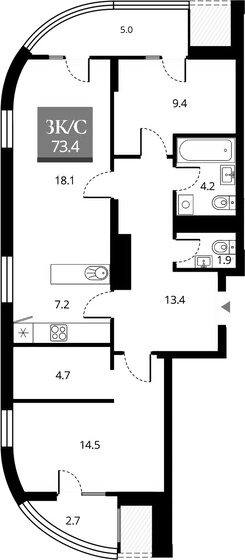 73,4 м², 3-комнатная квартира 11 200 000 ₽ - изображение 1
