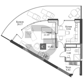 Квартира 61,7 м², 1-комнатная - изображение 1