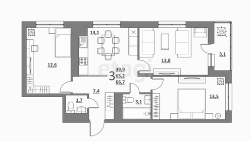 Квартира 68 м², 3-комнатная - изображение 1