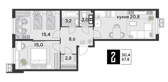 69,4 м², 2-комнатная квартира 11 464 880 ₽ - изображение 25