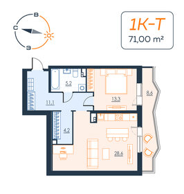 Квартира 69,8 м², 1-комнатная - изображение 1