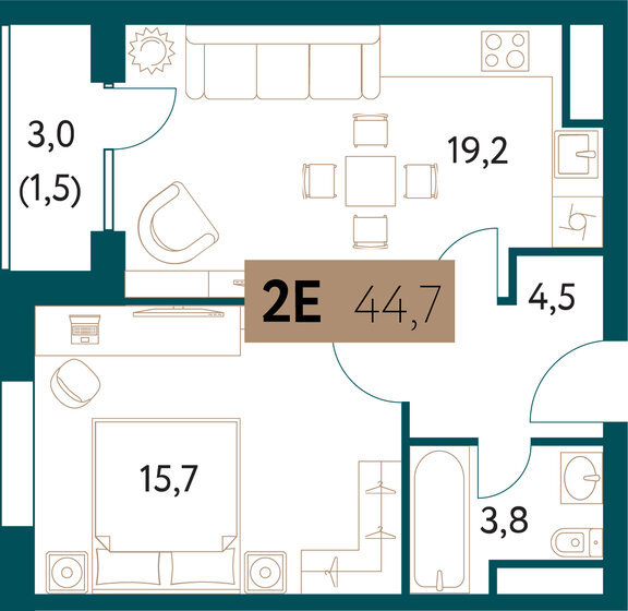 44,7 м², 2-комнатная квартира 29 476 162 ₽ - изображение 1