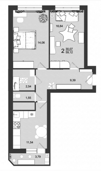 59,1 м², 2-комнатная квартира 7 712 000 ₽ - изображение 1