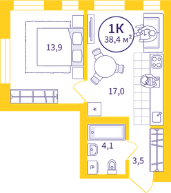 Квартира 38,4 м², 1-комнатная - изображение 1