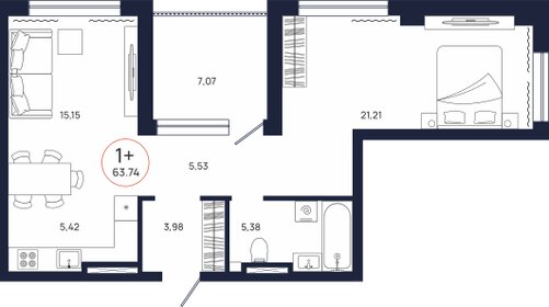 Квартира 63,7 м², 1-комнатная - изображение 2