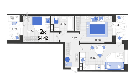 54,4 м², 2-комнатная квартира 7 614 600 ₽ - изображение 10