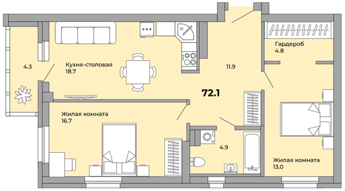 Квартира 72,1 м², 2-комнатная - изображение 1