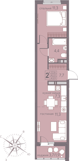 43,9 м², 2-комнатная квартира 6 299 650 ₽ - изображение 1