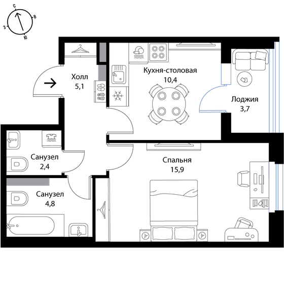 40,5 м², 1-комнатная квартира 7 026 750 ₽ - изображение 1