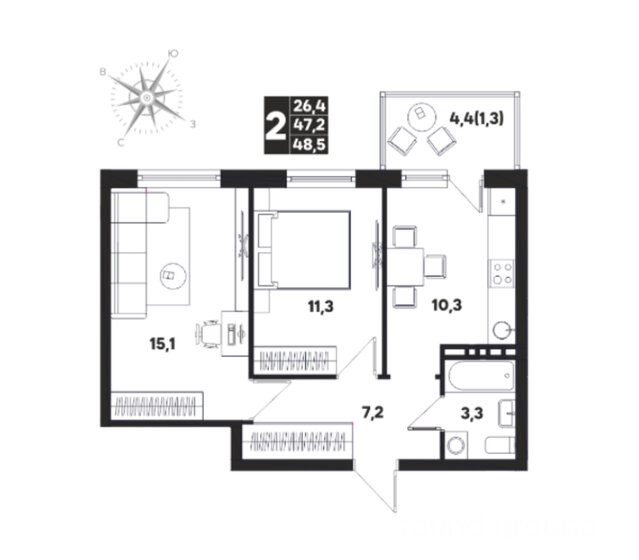 48,5 м², 2-комнатная квартира 6 400 000 ₽ - изображение 1