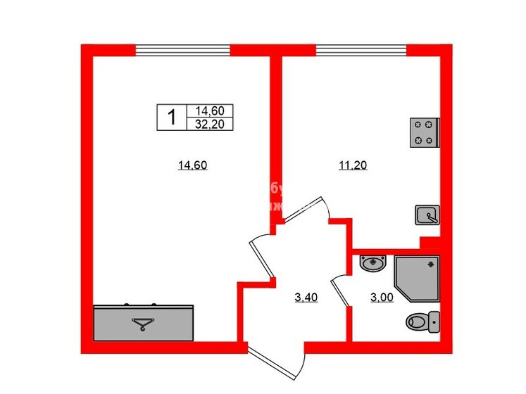 32,2 м², 1-комнатная квартира 3 100 000 ₽ - изображение 1