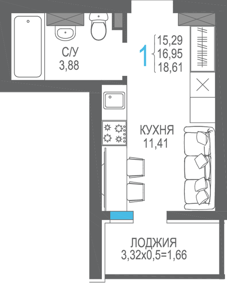 17 м², квартира-студия 6 234 350 ₽ - изображение 1