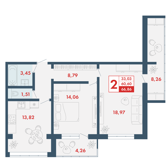 66,9 м², 2-комнатная квартира 5 616 240 ₽ - изображение 1