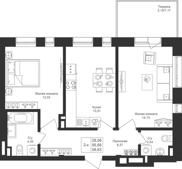 58,8 м², 2-комнатная квартира 9 118 650 ₽ - изображение 1