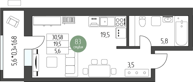 34,3 м², квартира-студия 5 024 250 ₽ - изображение 33