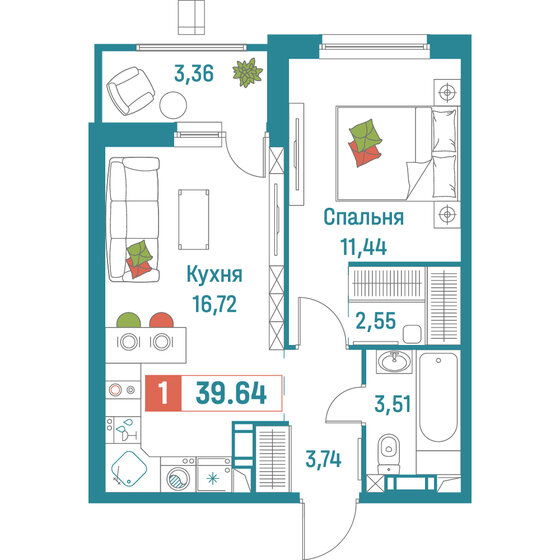 39,6 м², 1-комнатная квартира 7 781 332 ₽ - изображение 1