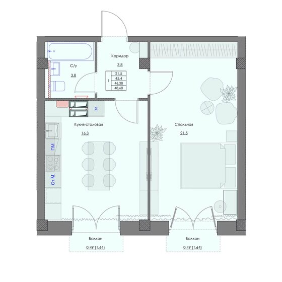 48,7 м², 1-комнатная квартира 7 366 500 ₽ - изображение 48