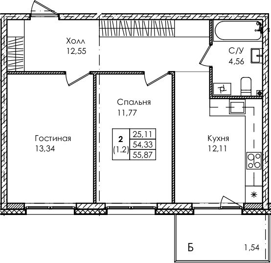 55,9 м², 2-комнатная квартира 7 215 000 ₽ - изображение 1