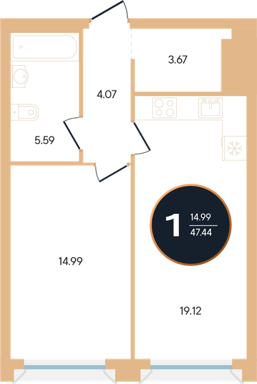 47,4 м², 1-комнатная квартира 11 385 600 ₽ - изображение 1