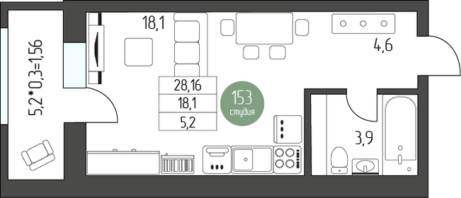 31,4 м², квартира-студия 4 580 401 ₽ - изображение 19